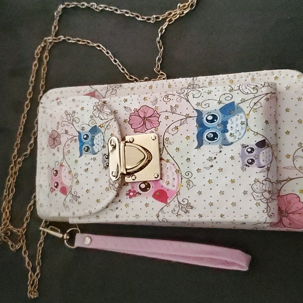 Stars and Owls wallet clutch with rose colored chain